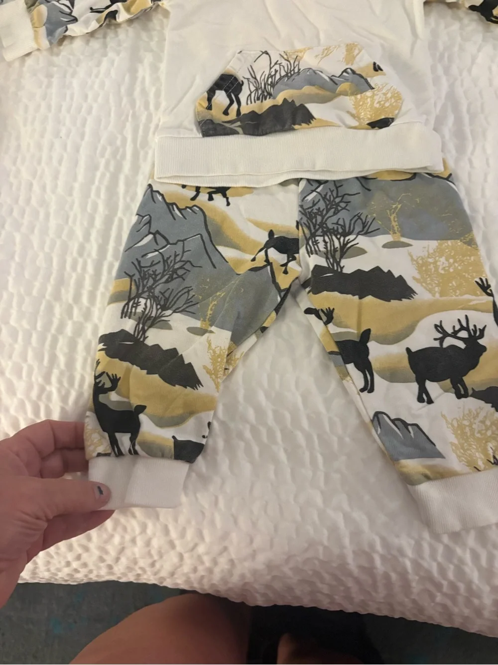 Kids Hooded Pajama Set in White, Gray & Gold Moose Print